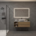 Deze badkamer spiegel is 120 cm breed, 70 cm hoog en slechts 3 cm diep