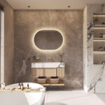 De indirecte verlichting schijnt vanachter de spiegel fraai en sfeervol over de wand en zorgt daarmee voor veel omgevingslicht. De directe verlichting is tegen de spiegelrand geplaatst en geeft veel praktisch licht in het gezicht