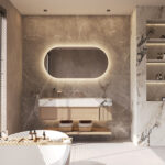 De indirecte verlichting schijnt vanachter de spiegel fraai en sfeervol over de wand en zorgt daarmee voor veel omgevingslicht. De directe verlichting is tegen de spiegelrand geplaatst en geeft veel praktisch licht in het gezicht