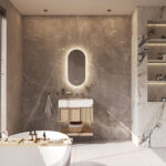 De indirecte verlichting schijnt vanachter de spiegel fraai en sfeervol over de wand en zorgt daarmee voor veel omgevingslicht. De directe verlichting is tegen de spiegelrand geplaatst en geeft veel praktisch licht in het gezicht