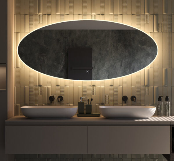 Luxe ovale badkamer spiegel, van alle gemakken voorzien, zoals: verlichting, spiegelverwarming, dim functie en instelbare lichtkleur