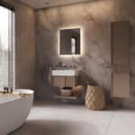 De dimbare verlichting schijnt fraai vanachter de spiegel over de muur en zorgt voor veel omgevingslicht