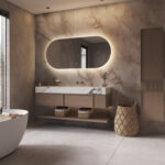 De indirecte verlichting schijnt vanachter de spiegel fraai en sfeervol over de wand en zorgt daarmee voor veel omgevingslicht