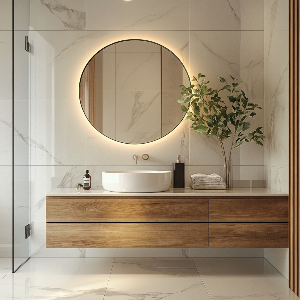 Marmere muur, ronde spiegel met verlichting