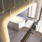 De LED verlichting achter de spiegel zit netjes verborgen achter een licht doorlatende acryl behuizing. Hierdoor zijn de LED punten niet zichtbaar en wordt de LED strip tevens beschermd tegen de invloed van vocht en stof.