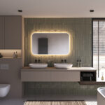 Deze stijlvolle badkamer spiegel met afgeronde hoeken is 140 cm breed, 70 cm hoog en slechts 3 cm diep